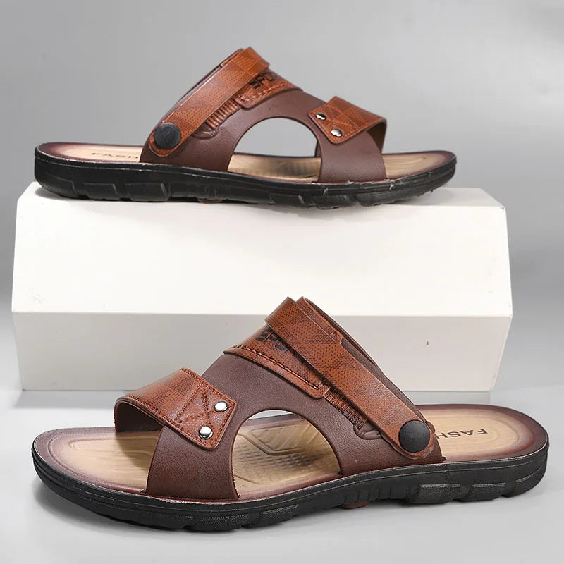 Men's Leather Sandals – Buckle Strap Open-Toe Beach Shoes Men's Sandals SPOT