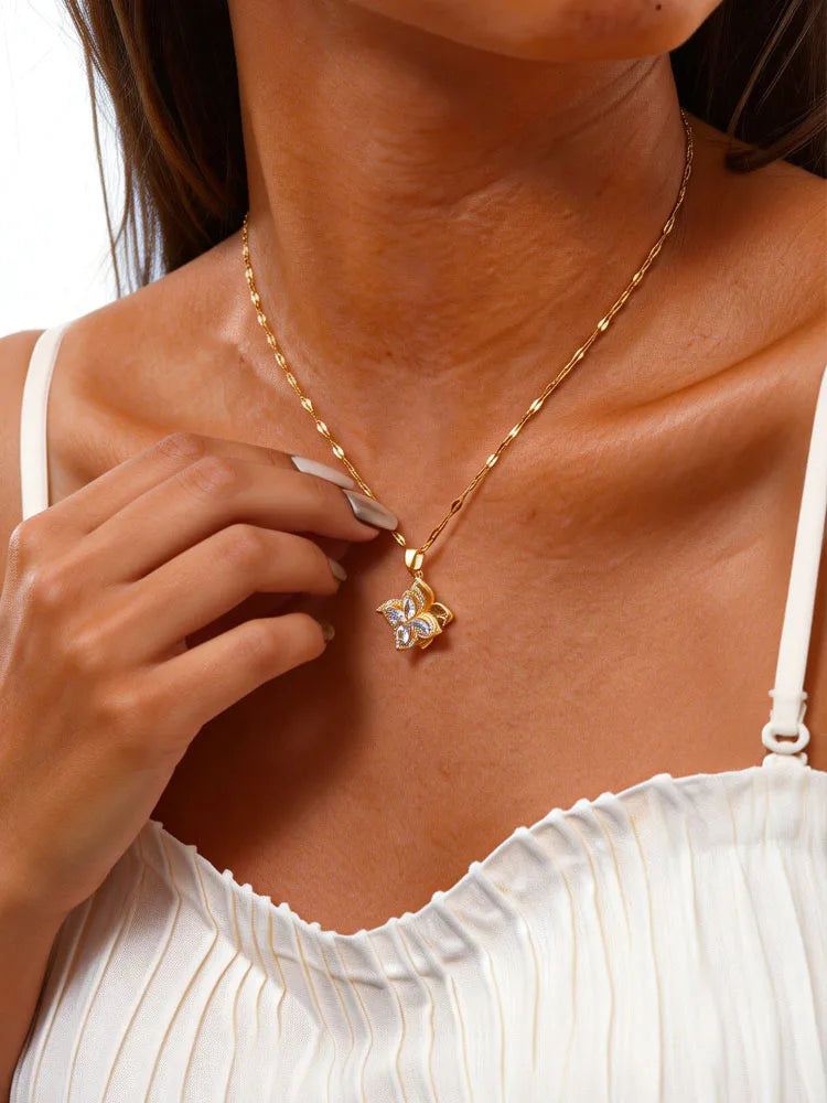 Women's Rotating Zircon Flower Spinner Pendant Necklace – Gold Spinner Pendant Necklace SPOT