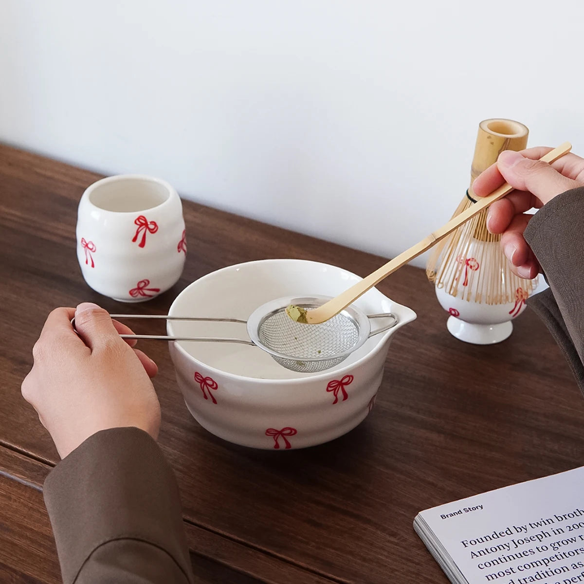 Ceramic Red Bowknot Matcha Bowl Set – 2 or 3 Piece Tea Set Matcha Tea Set SPOT