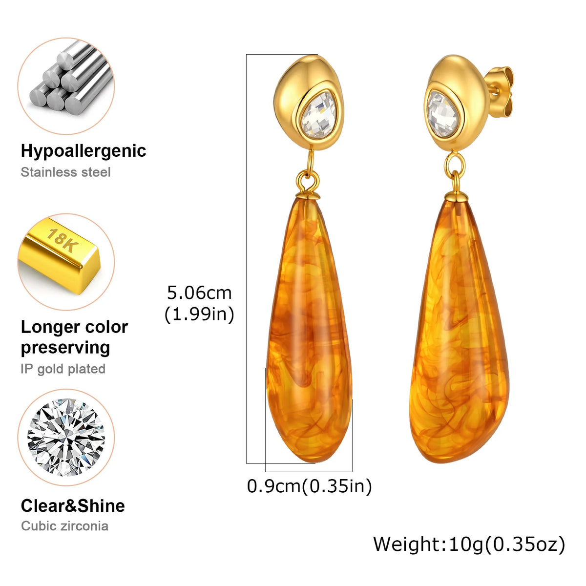Amber Resin Teardrop Earrings – 18K Gold Plated Dangle Drop Dangle Earrings SPOT
