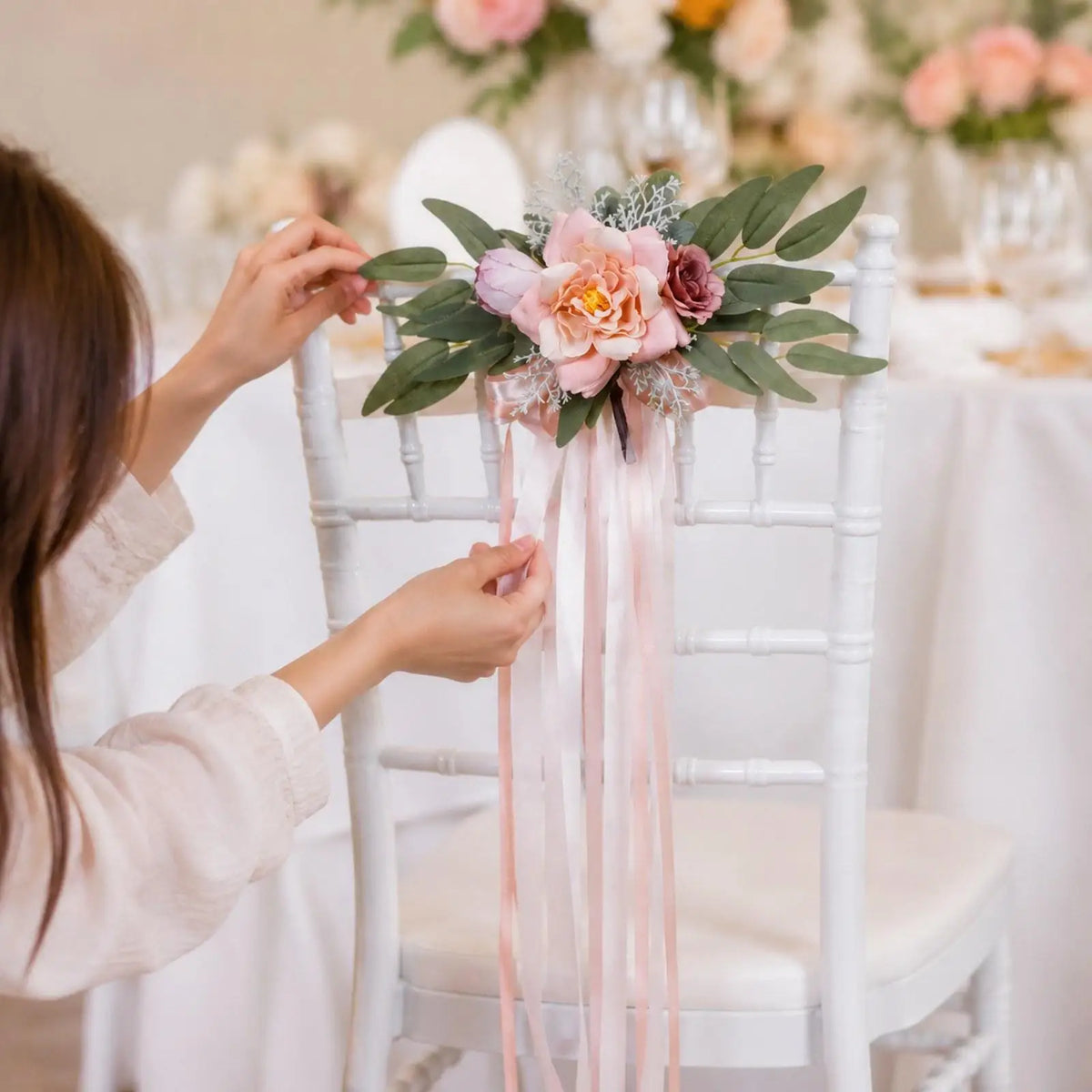 Wedding Aisle Pew Flowers with Ribbons – Artificial Chair Decor Artificial Pew Flowers SPOT