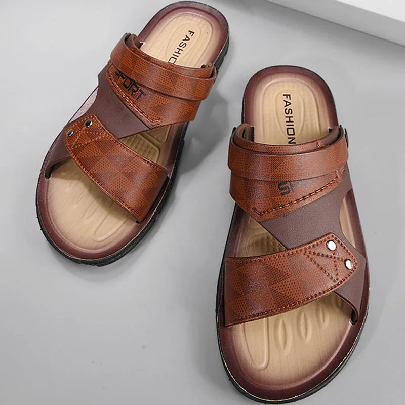 Men's Leather Sandals – Buckle Strap Open-Toe Beach Shoes Men's Sandals SPOT
