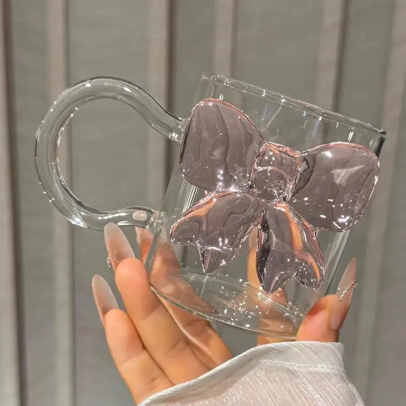 Pink Bow Glass Cup 400ml – Heat-Resistant Borosilicate Drinkware Glass Cup SPOT