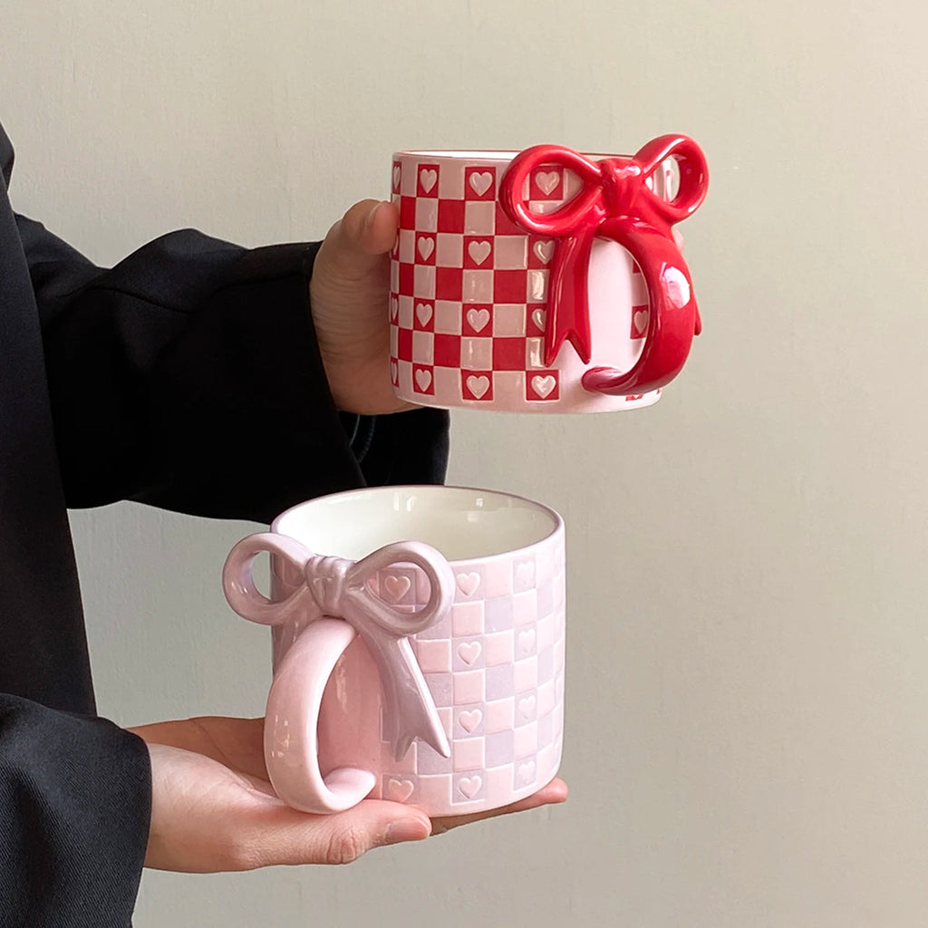 Ceramic Mug with Bowknot Handle & Heart Checkerboard Design Ceramic Coffee Mug SPOT