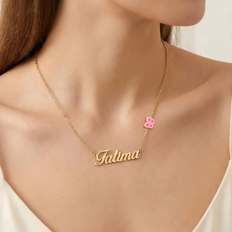 Custom Butterfly Name Necklace – Gold Plated & Pink Enamel Custom Name Necklace SPOT
