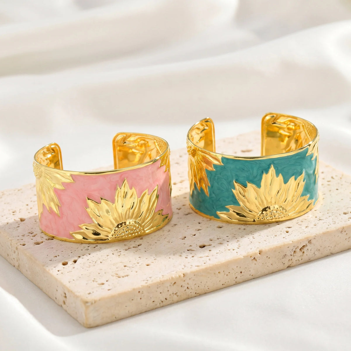 Enamel Sunflower Cuff Bangle – 18K Gold Plated Women's Bracelet Cuff Bangle Bracelet SPOT
