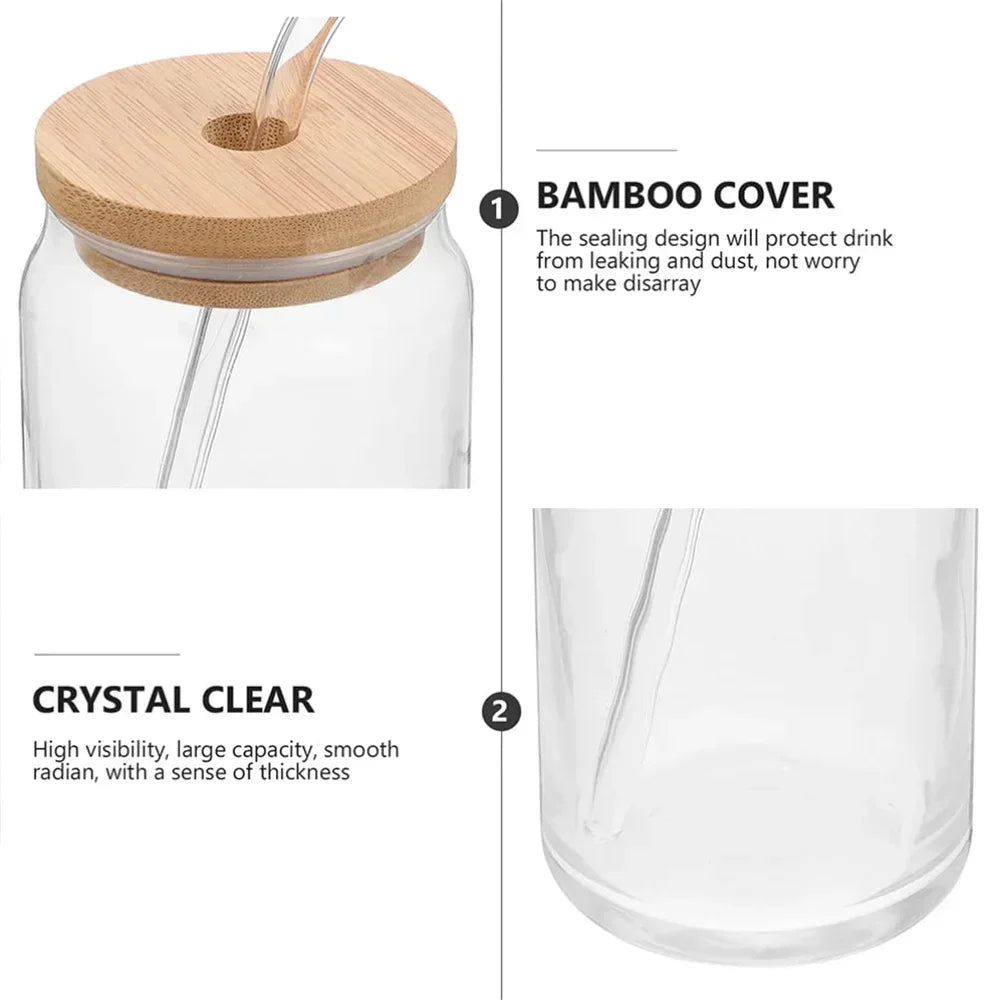 Glass Cup with Bamboo Lid & Straw – 350ml/550ml Mason Jar Mug Glass Drinkware Set SPOT