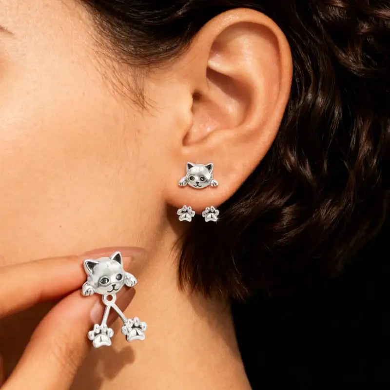 Vintage Silver Cat Paw Drop Earrings – Cute Animal Jewelry Drop Earrings SPOT