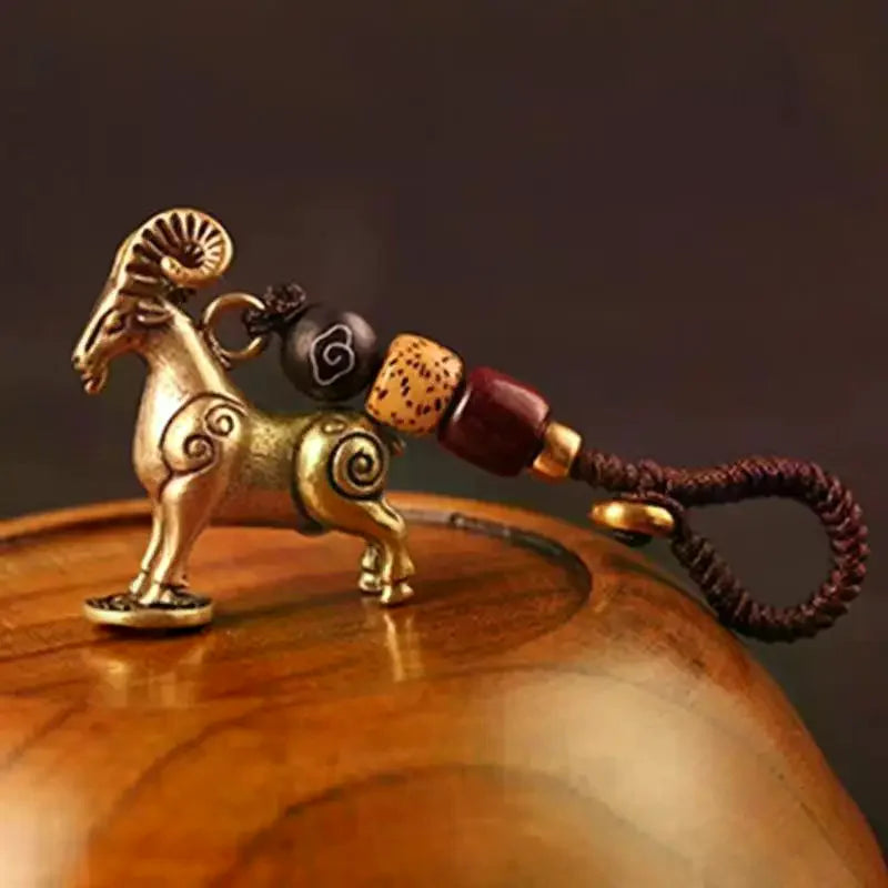 Brass Chinese Zodiac Goat Keychain – Antique Copper Pendant Keychain Ornament SPOT