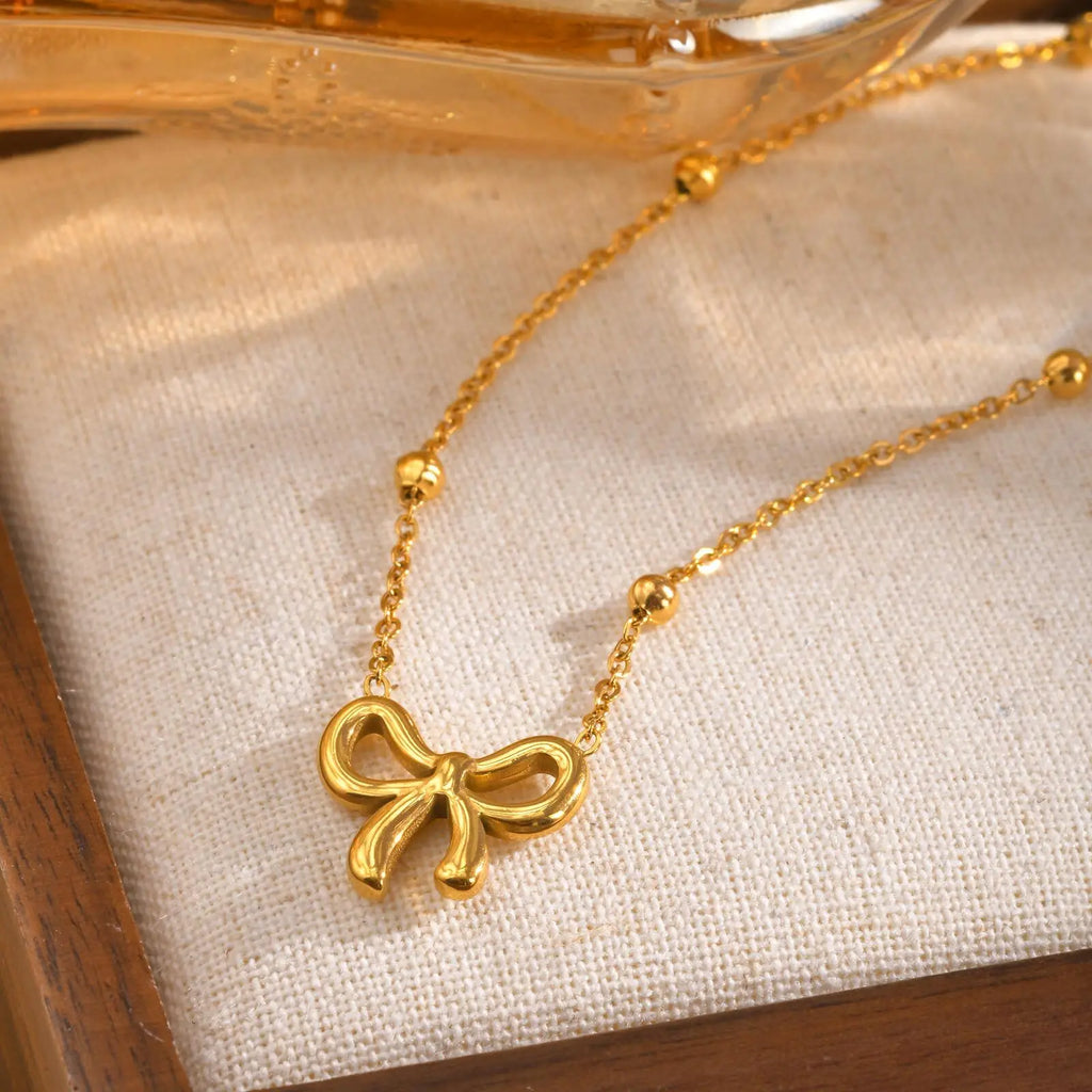Women's 18K Gold Bow Pendant Necklace – Dainty Satellite Chain Pendant Necklace SPOT