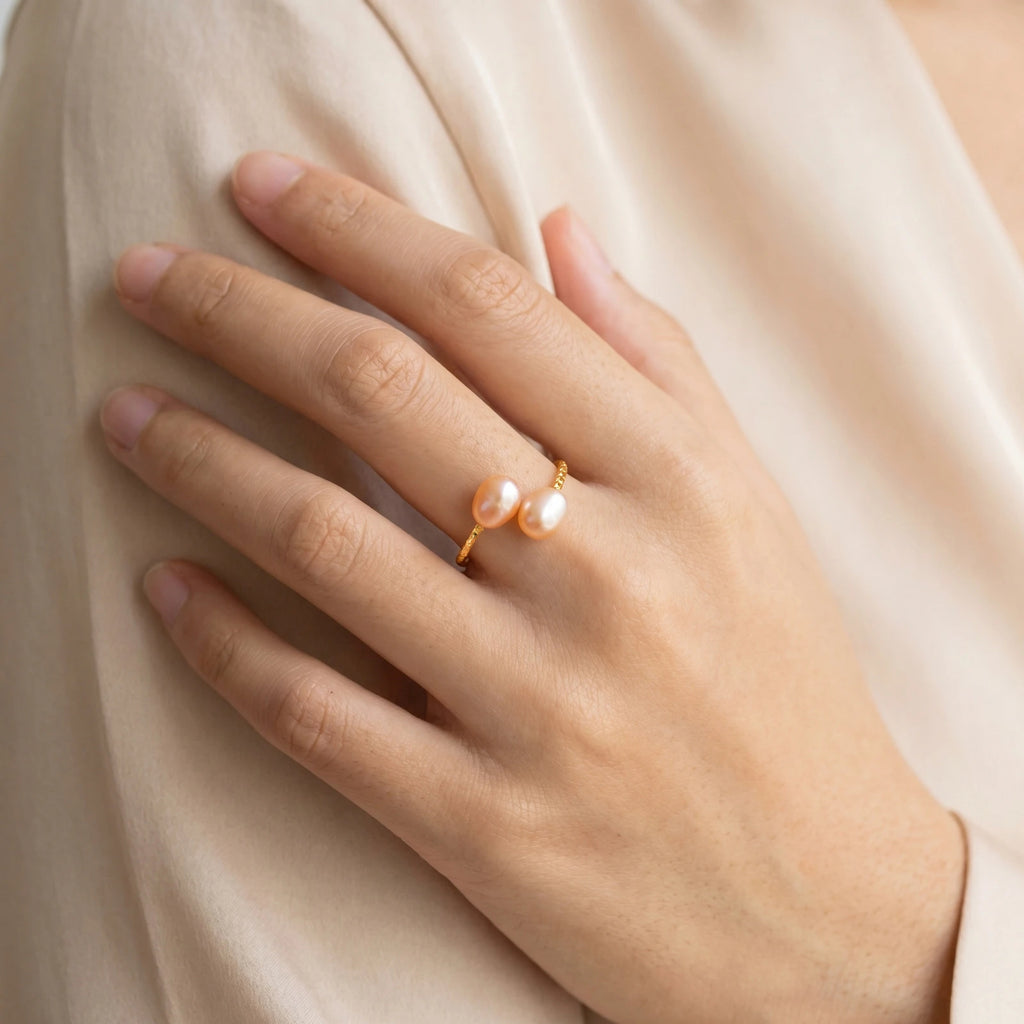 Freshwater Pearl Open Ring – 18K Gold Plated Adjustable Double Layer Pearl Fashion Ring SPOT