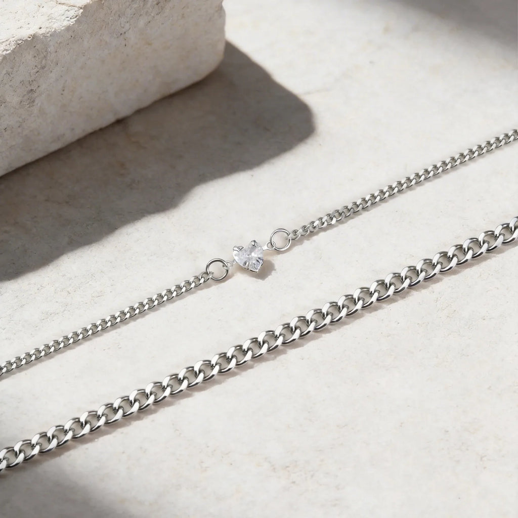 Matching Couple Bracelets – Cuban Link CZ Heart Stainless Steel Couple Bracelet Set SPOT