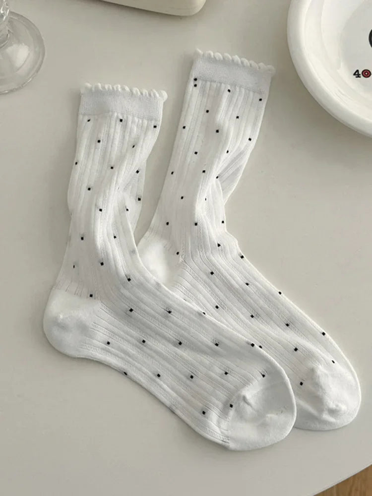 Women's Polka Dot Cotton Crew Socks – Kawaii Harajuku Style Women's Crew Socks SPOT White 35-39