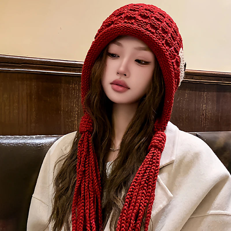 Women's Braided Knit Beanie – Tassel Patch Winter Hat Knit Beanie Hat SPOT