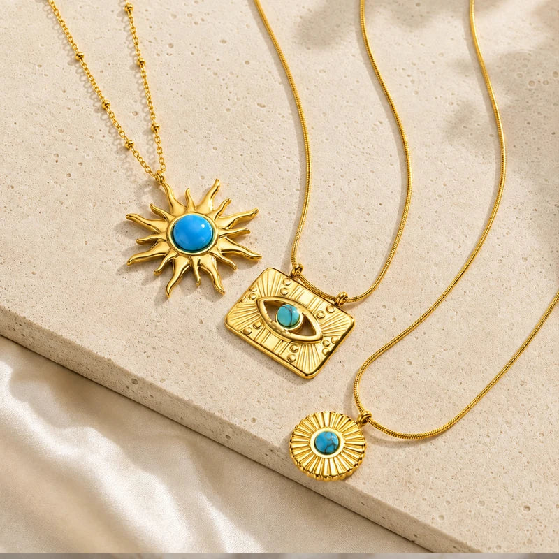 Turquoise Evil Eye Sunflower Pendant Necklace | Gold Pendant Necklace SPOT