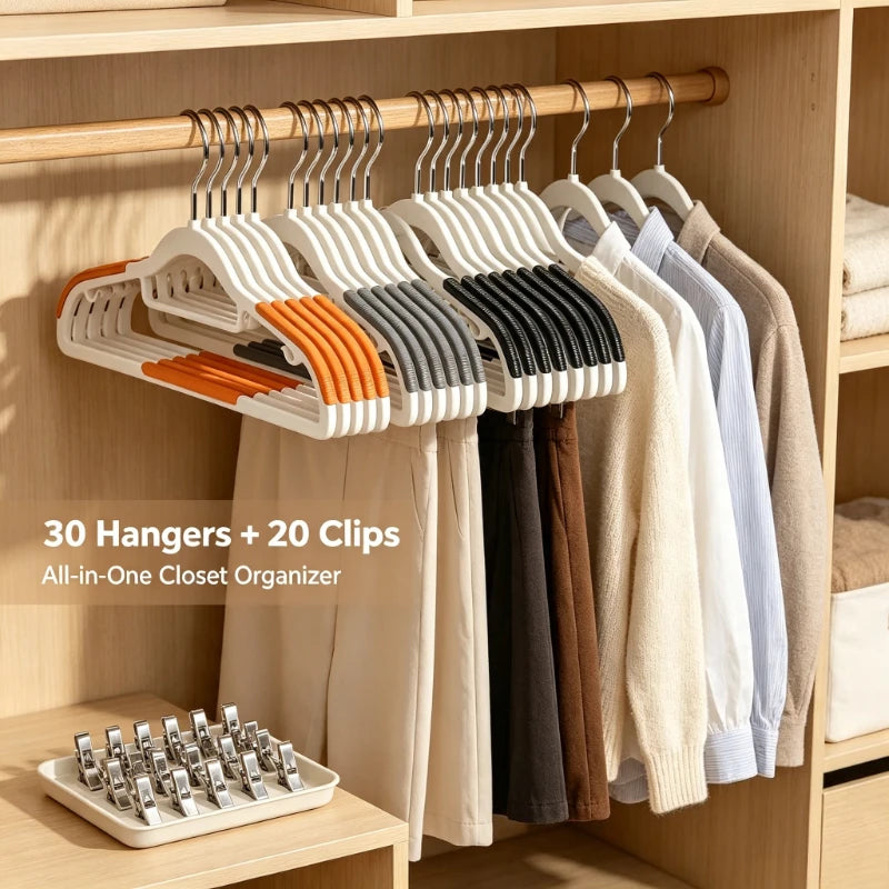 30-Pack Velvet Hanger Set – 10 Hangers & 20 Clips, Space-Saving Velvet Clothes Hangers SPOT