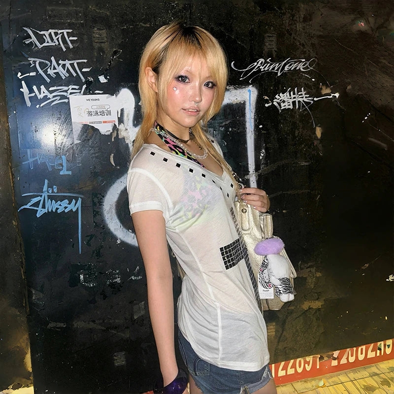 Y2K Metal Cross Print Sheer T-Shirt | Harajuku V-Neck Top Streetwear T-Shirt SPOT
