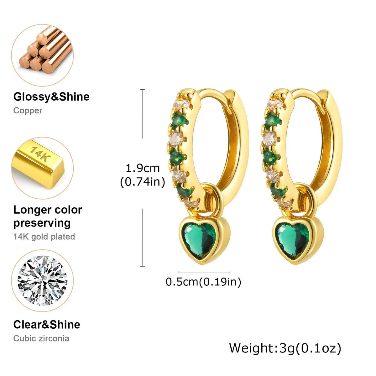 Women's Huggie Hoop Earrings – Heart CZ Dangle, Gold Plated Huggie Hoop Earrings SPOT