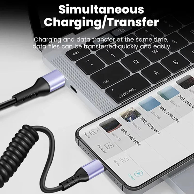 66W Retractable USB-C Cable – 6A Fast Charging Spring Coil USB-C Charging Cable SPOT