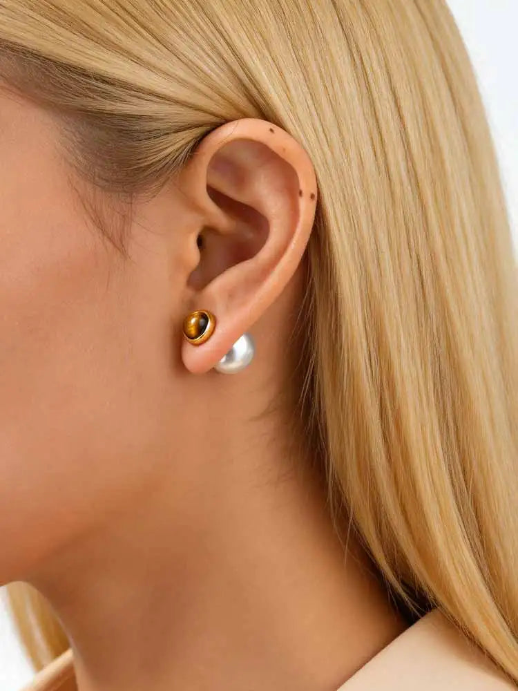 Tiger Eye Pearl Stainless Steel Stud Earrings – Gold, Waterproof Stud Earrings SPOT