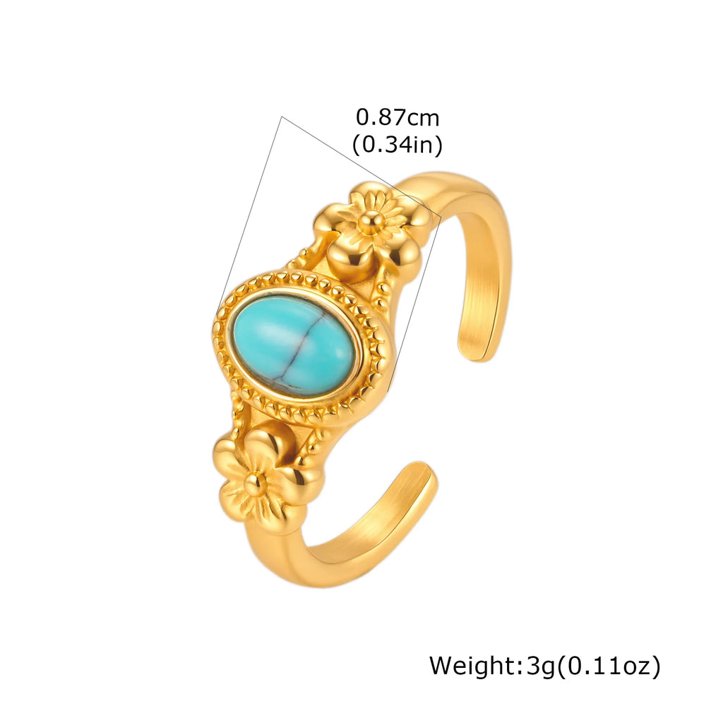 Adjustable Floral Ring – Turquoise Rose Quartz 18K Gold Plated Fashion Ring SPOT Turquoise Stone US Size 9