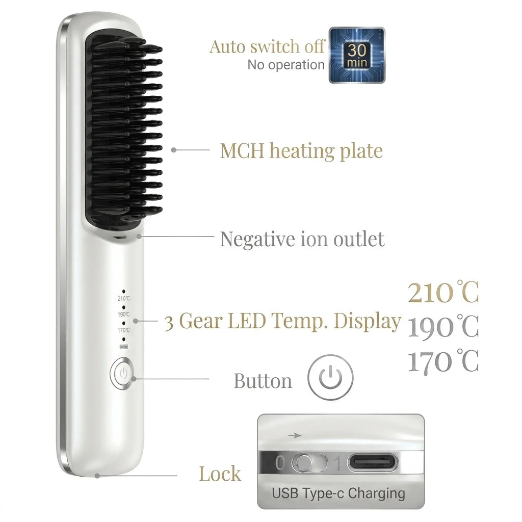 Cordless Ceramic Ionic Hair Straightener Brush – USB Rechargeable Hair Straightener Brush SPOT