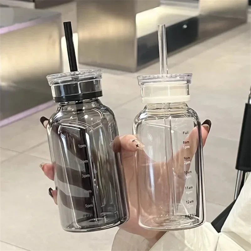 Glass Water Bottle with Time Marker, Lid & Straw – 550/750ml Glass Water Bottle SPOT