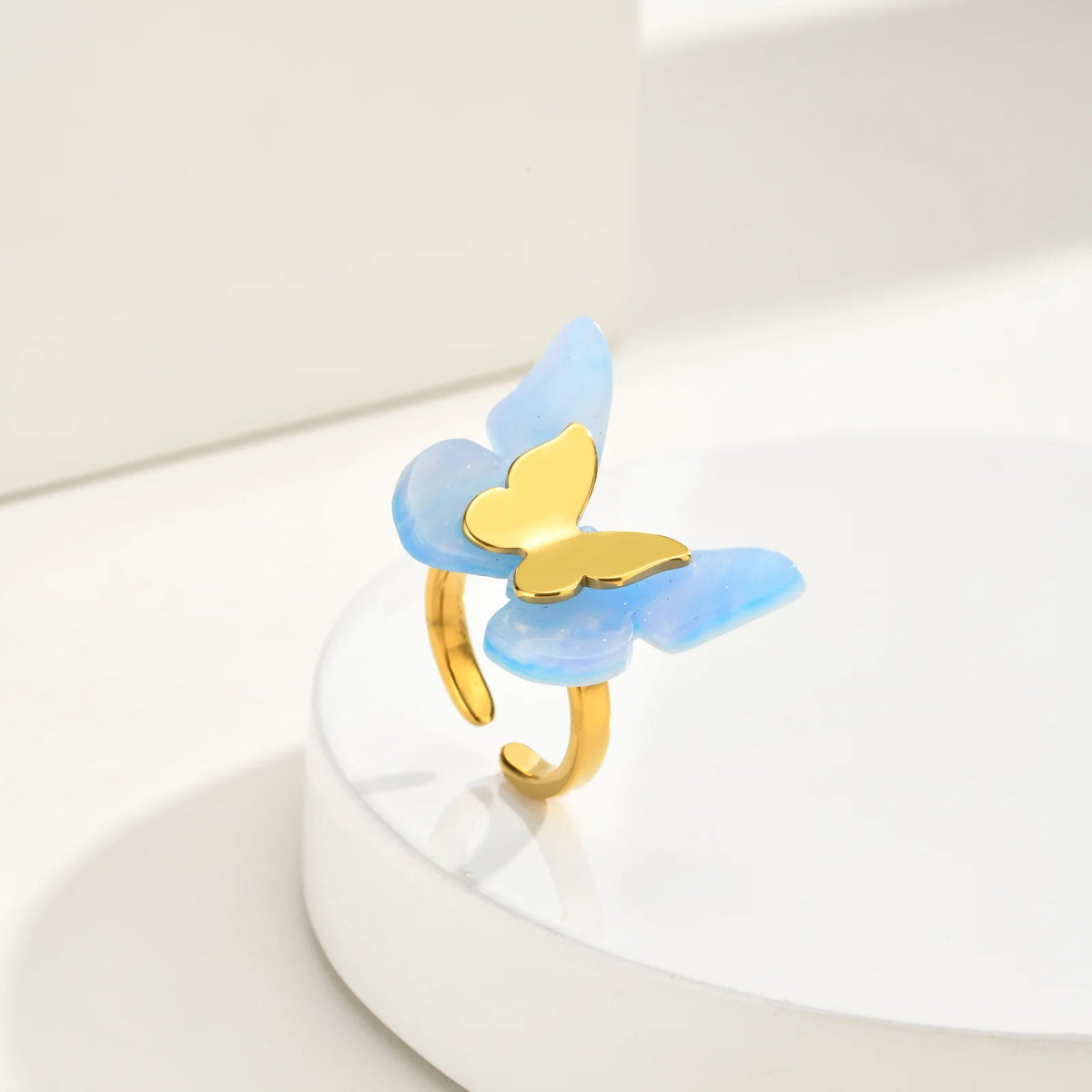 18K Gold Plated Butterfly Ring – Blue Acetate Open Band Fashion Ring SPOT
