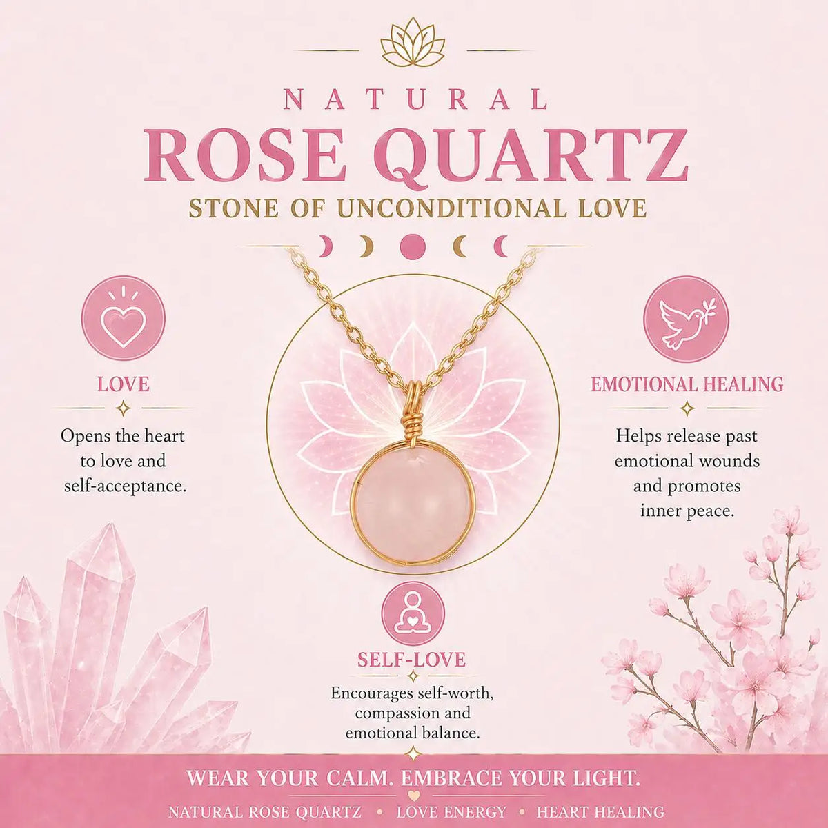 Natural Rose Quartz Crystal Pendant Necklace | Gold Link Chain Crystal Pendant Necklace SPOT