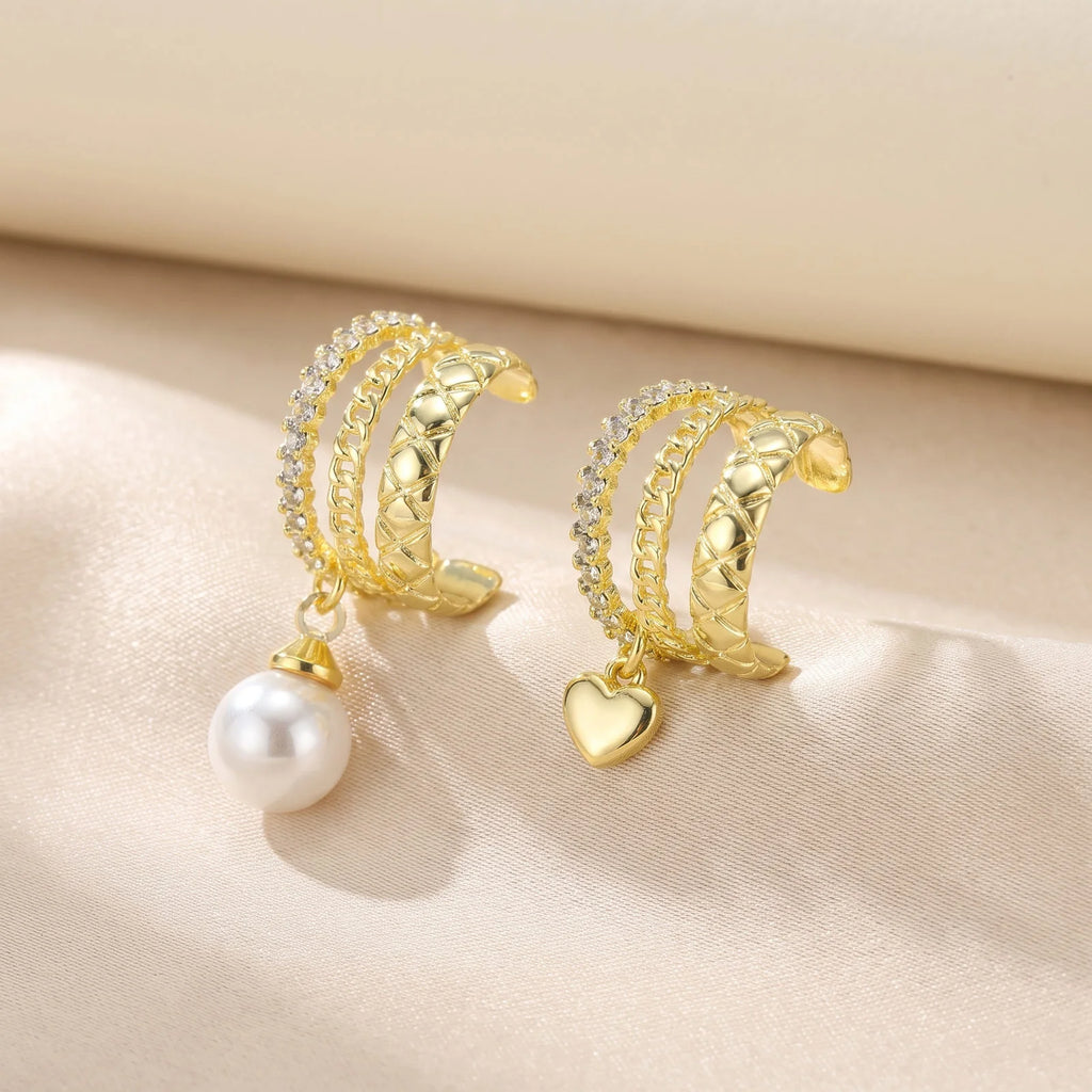 14K Gold Non-Pierced Ear Cuff – Cuban Link CZ Faux Pearl Clip Clip-On Ear Cuff SPOT