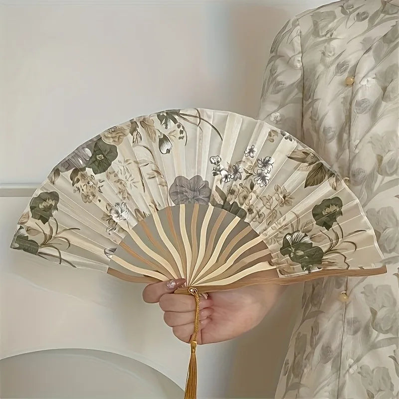 Chinese Ink Painting Folding Fan – Bamboo Cloth Fan with Tassel Decorative Folding Fan SPOT