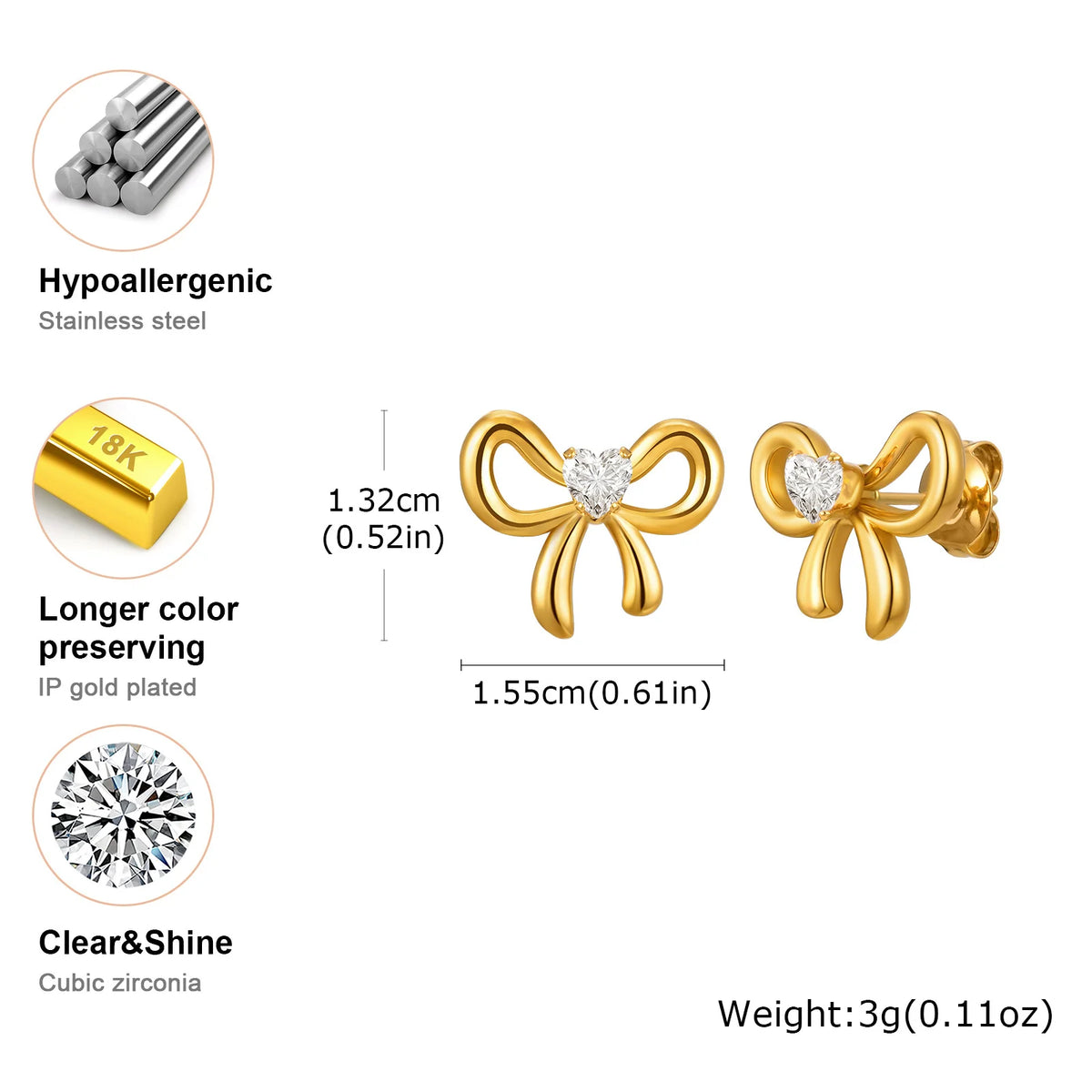 Zirconia Butterfly Bow Stud Earrings – Gold Hypoallergenic Stud Earrings SPOT