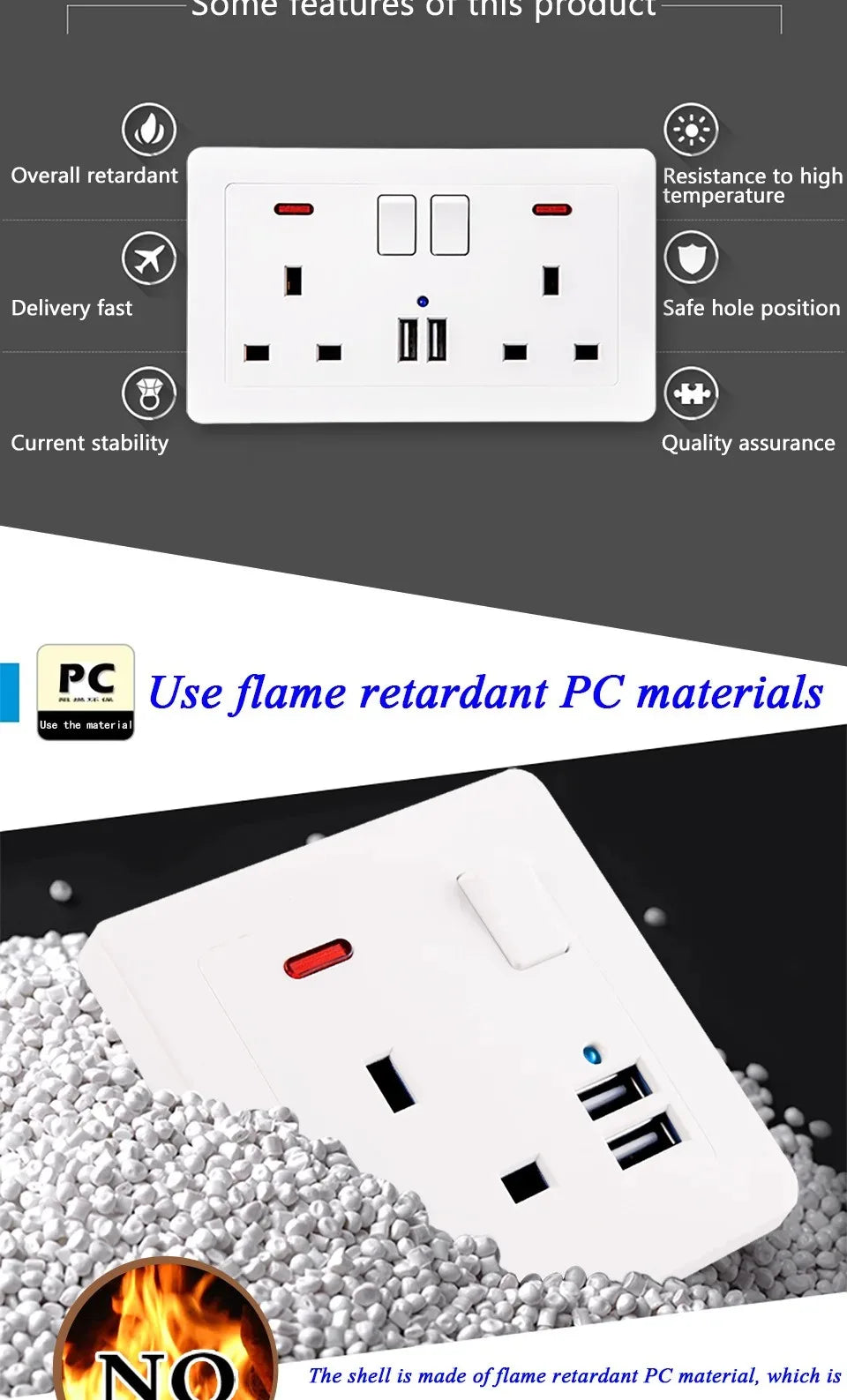 UK Wall Socket Dual USB Charger Ports LED Indicator 13A Switch USB Wall Socket SPOT
