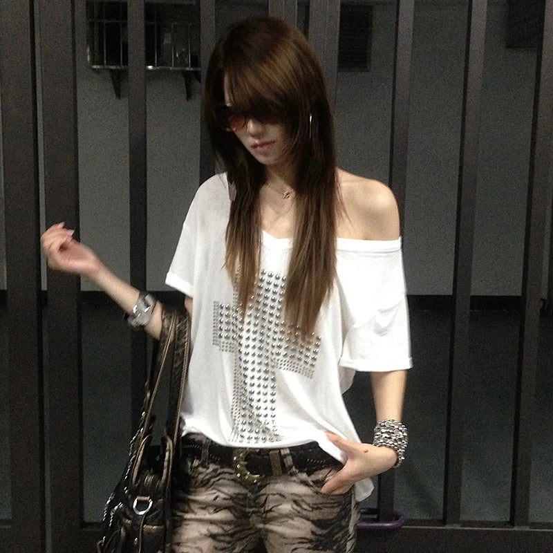 Y2K Metal Cross Print V-Neck T-Shirt | Harajuku Streetwear Women's Graphic Tee SPOT