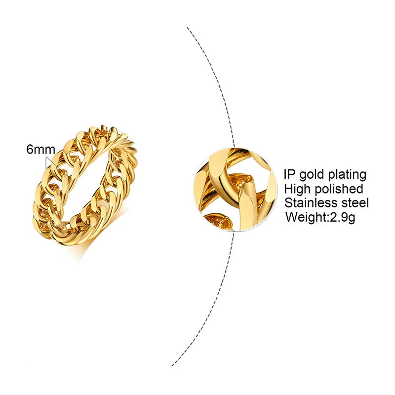 6mm Cuban Curb Chain Ring – 18K Gold Stainless Steel Fashion Ring SPOT