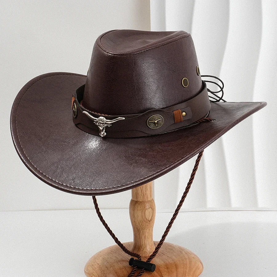 Unisex Faux Leather Western Cowboy Hat – Vintage Style Western Cowboy Hat SPOT wine red