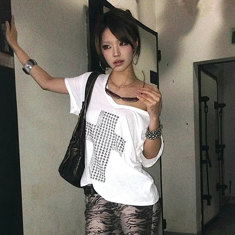 Y2K Metal Cross Print V-Neck T-Shirt | Harajuku Streetwear Women's Graphic Tee SPOT