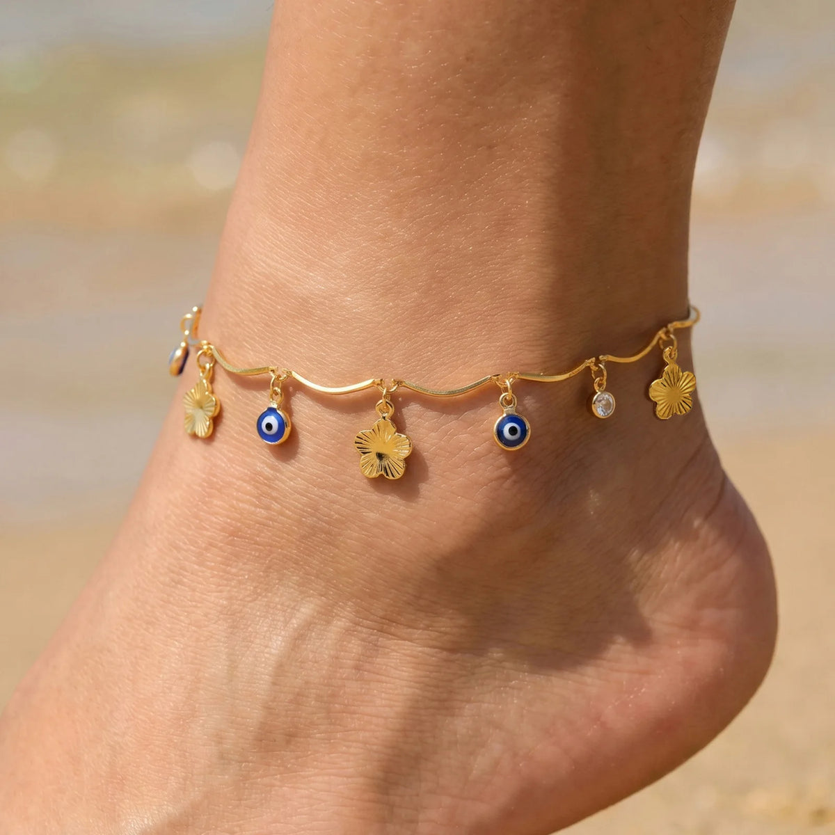 Bohemian Evil Eye Anklet – Gold Copper Flower Leaf Charm Fashion Anklet SPOT