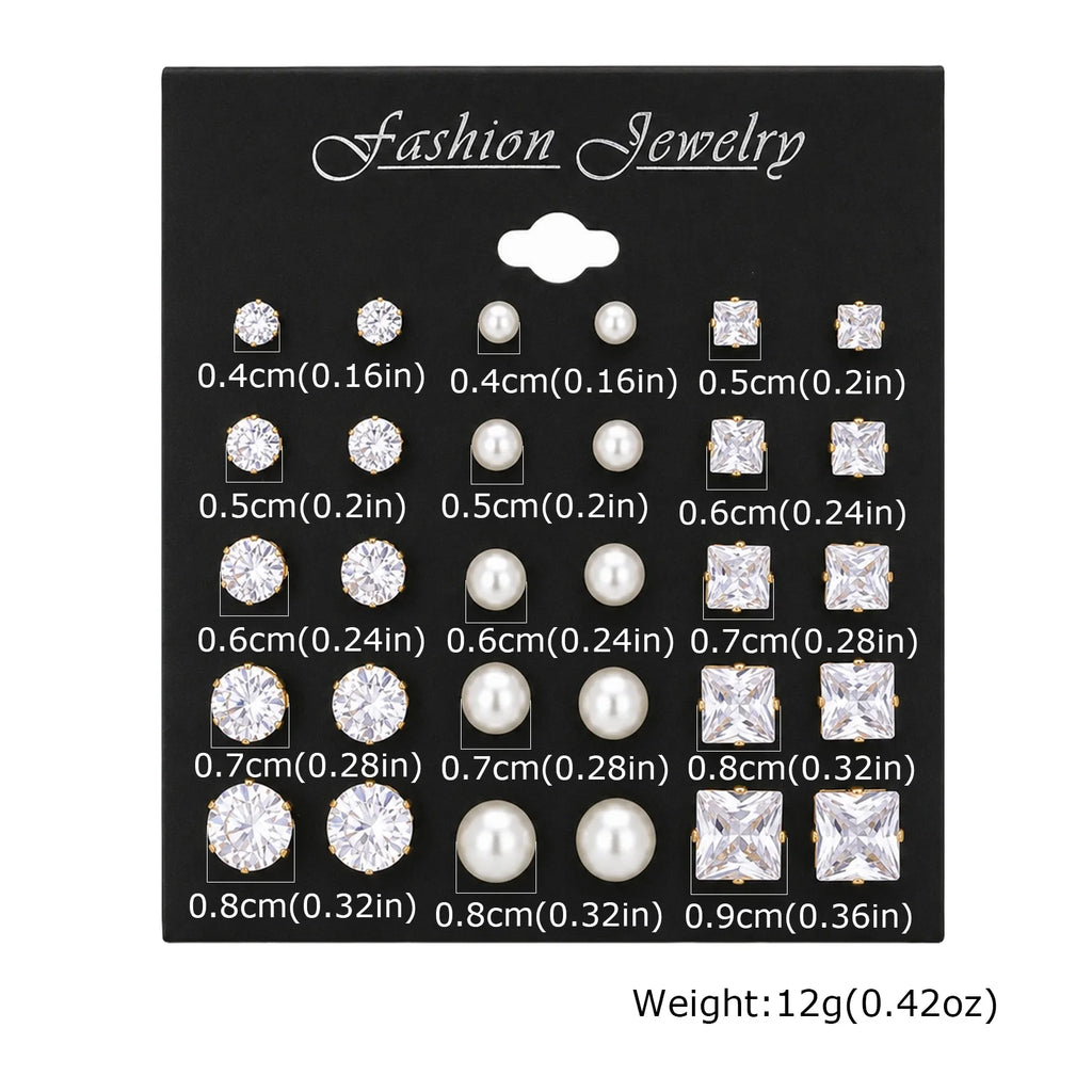 15-Pair Gold Stud Earrings Set – CZ & Faux Pearl for Women Stud Earrings Set SPOT
