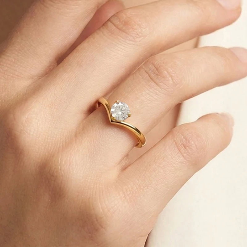 Chevron Solitaire Ring – 18K Gold Plated CZ V Band for Women Fashion Ring SPOT
