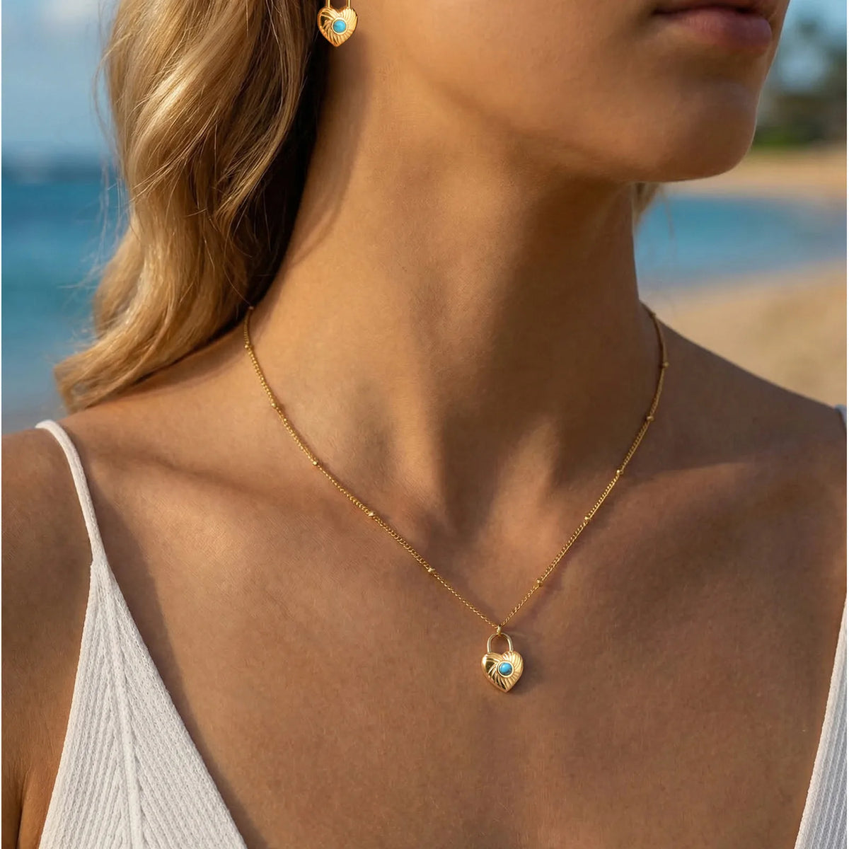 Vintage Heart Pendant Necklace | 18K Gold Plated Turquoise Beads Pendant Necklace SPOT