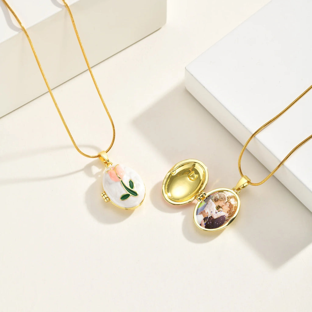 Custom Photo Enamel Flower Locket Necklace | 18K Gold Plated Locket Necklace SPOT