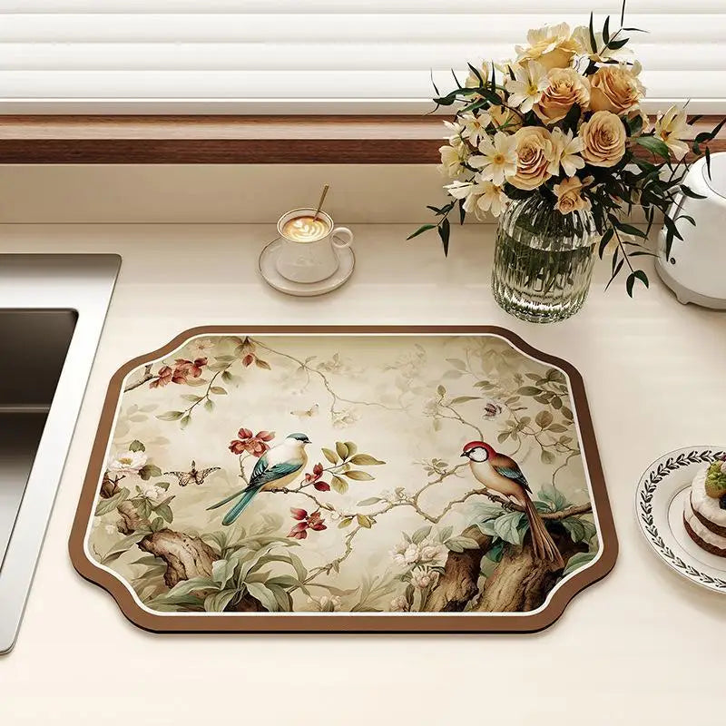 Vintage Bird Floral Kitchen Drying Mat – Absorbent Non-Slip Kitchen Drying Mat SPOT A2 M