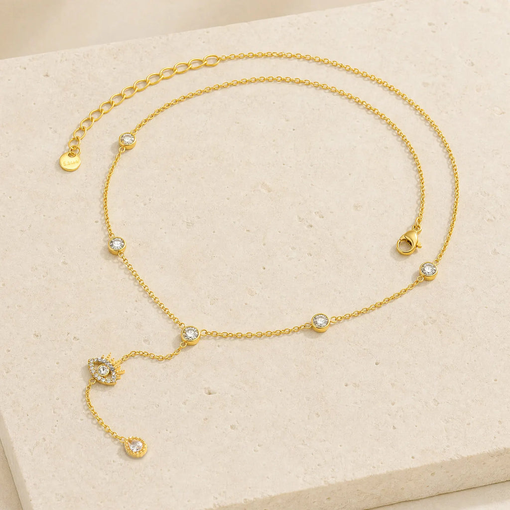 Evil Eye Y Lariat Necklace – 18K Gold Plated CZ Station Pendant Necklace SPOT