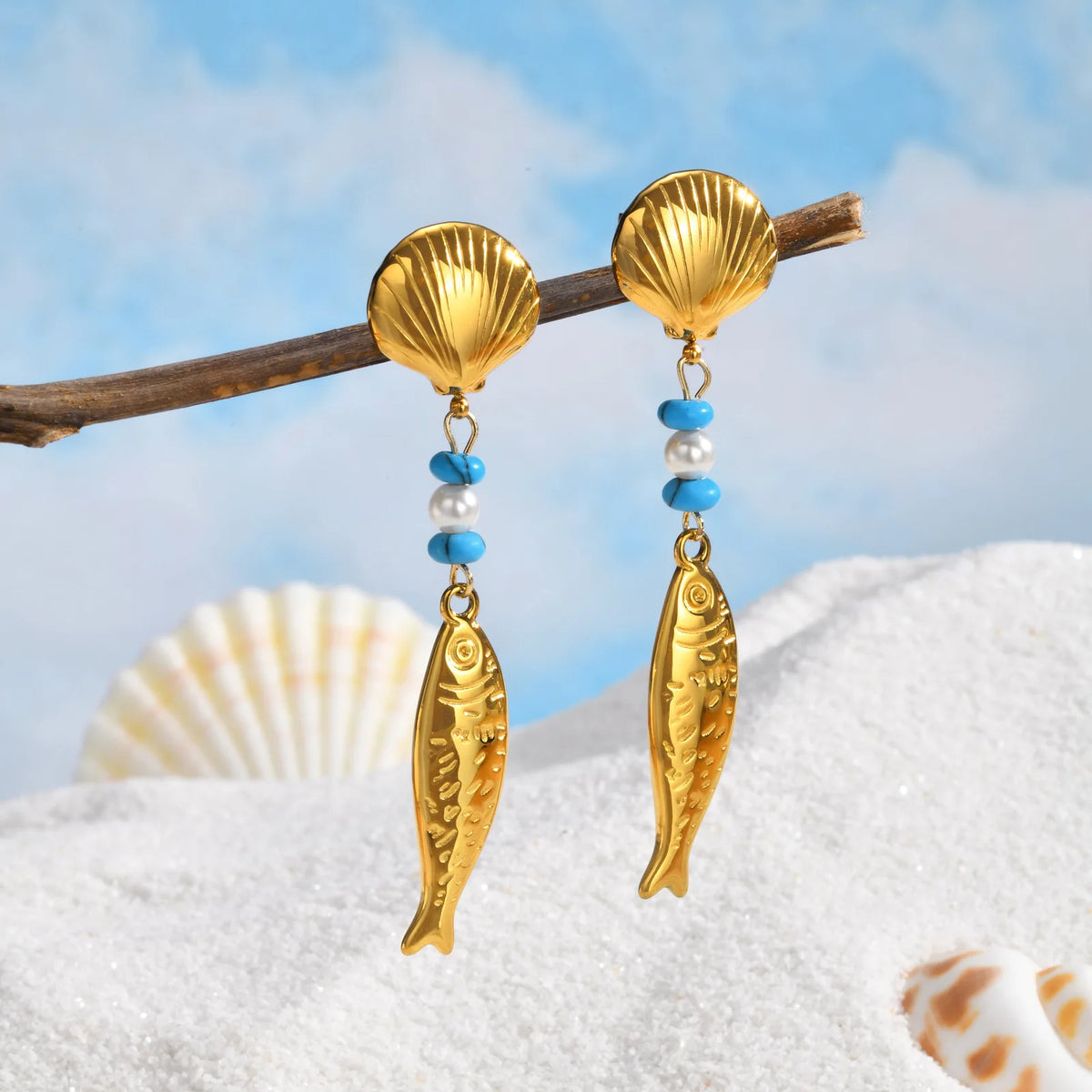 Gold Fish Drop Earrings – Turquoise Pearl Shell | Waterproof Drop Earrings SPOT