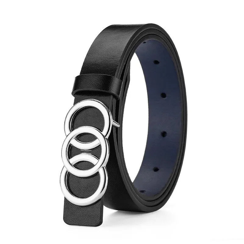 Women's PU Leather Belt – Silver Triple Circle Buckle Women's Fashion Belt SPOT black 105CM