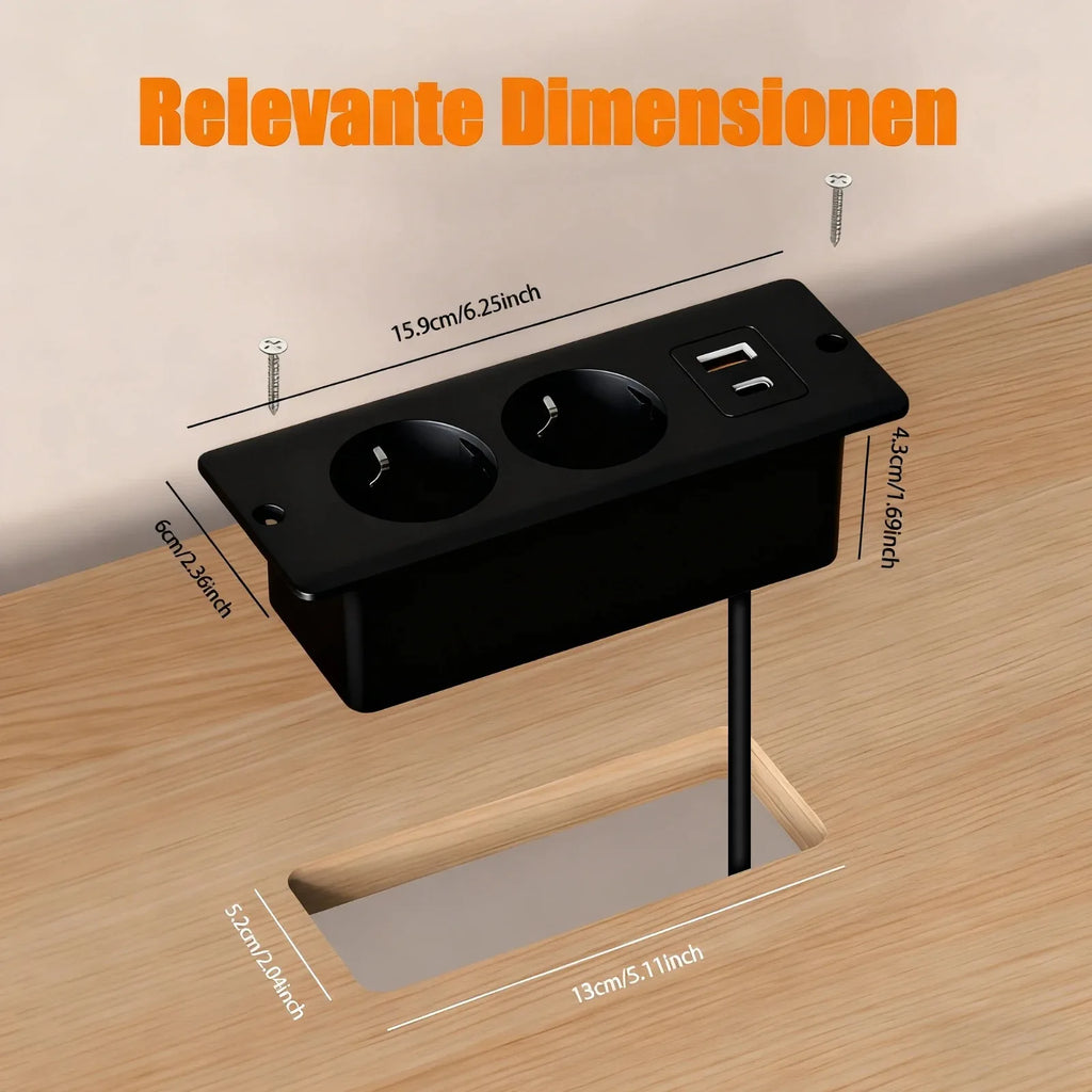 Recessed Desktop EU Power Socket – USB-A, USB-C & 1.5M Cable Recessed Desk Socket SPOT