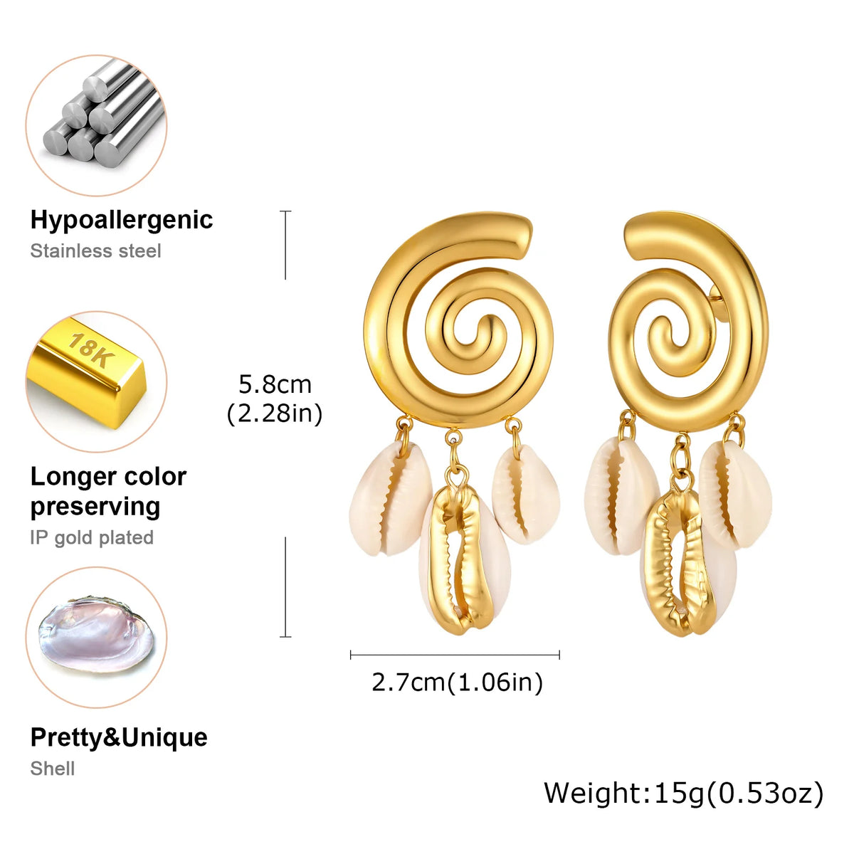 Gold Geometric Cowrie Shell Drop Earrings – Stainless Steel Shell Drop Earrings SPOT