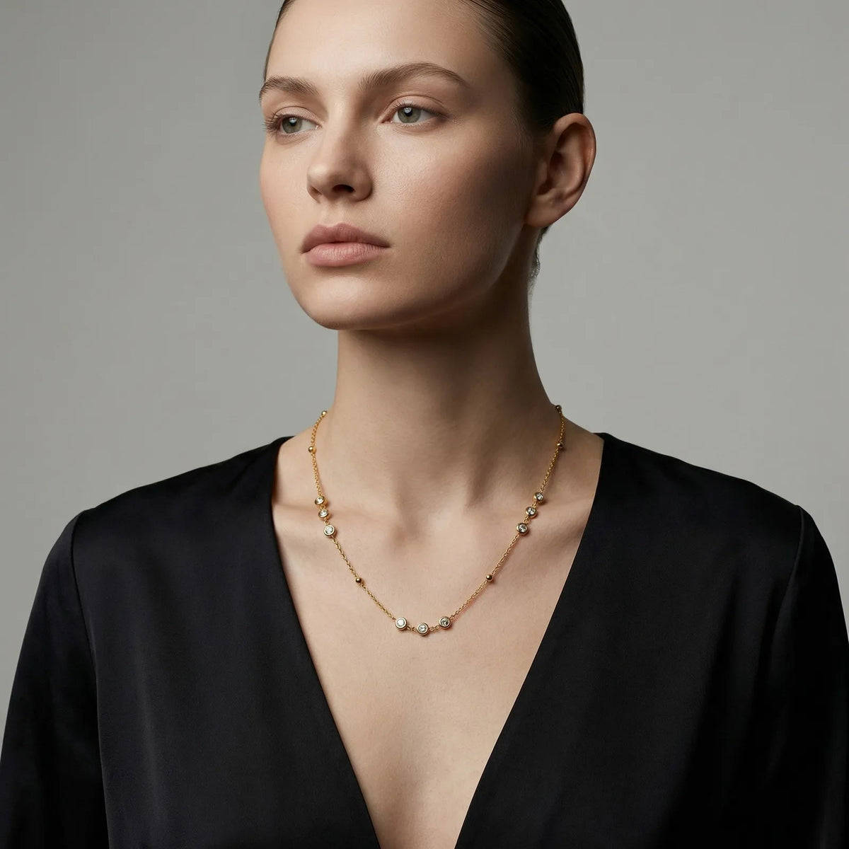Gold Plated CZ Station Necklace – Dainty Minimalist Choker Station Choker Necklace SPOT