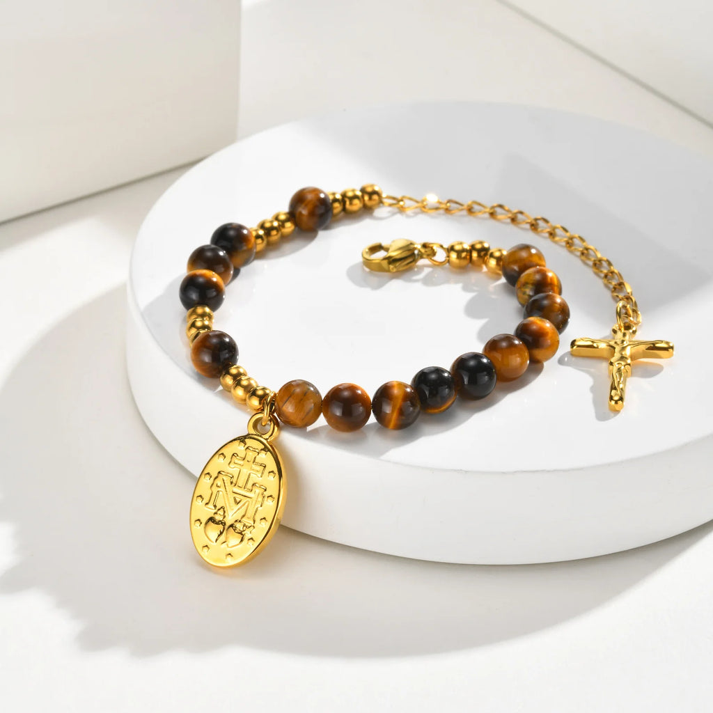 Virgin Mary Cross Rosary Bracelet – Tiger Eye Beaded, Women Religious Beaded Bracelet SPOT